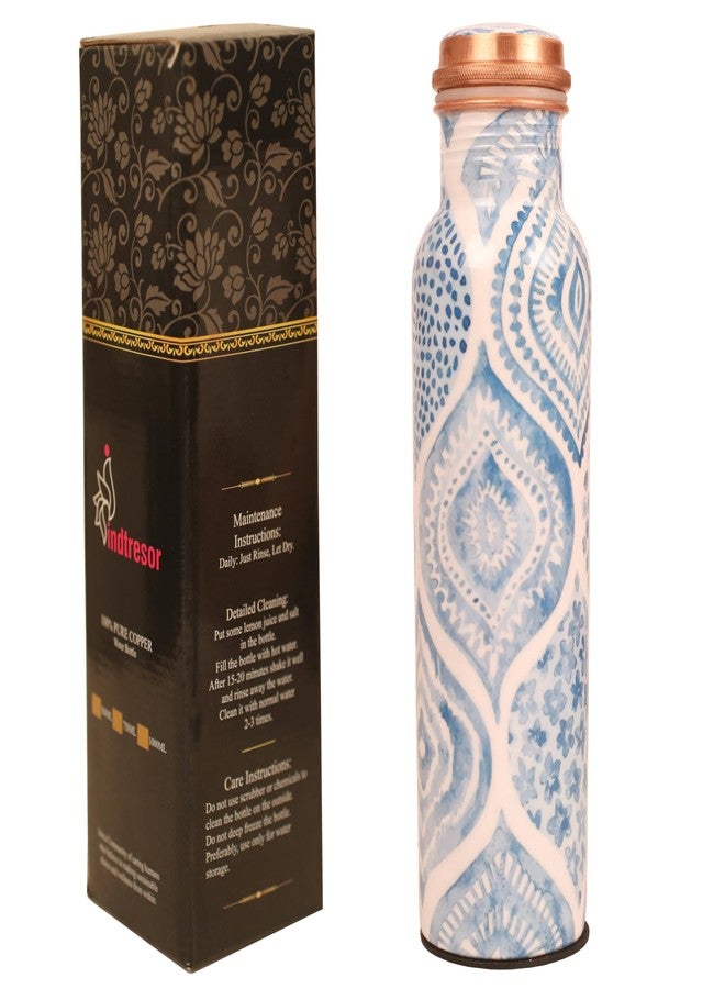 INDTRESOR Pure Copper Water Bottle - Handcrafted - Ayurveda health benefits - Large 35 oz - Leak proof - Easy to carry for Sports, Fitness, Yoga, School - Sky Blue Artistic Patterns Enamel - Image 1